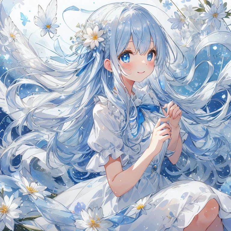 A dreamy, sparkling, cute atmosphere filled with lots of big soap bubbles floating in the air. A moe anime style bishoujo with big sparkling blue eyes and a fluffy appearance. Full body. A sparkling smiling face. She wears a light blue dress with detailed and delicate ruffles, and many ribbons and flower-shaped ornaments. She has fantastic, fine translucent white wings and an aura of magical light that accentuates the fantastic atmosphere. Her hair is voluminous and long wavy, with ribbons to match, giving her a cute and whimsical look. The background is a dreamy field of flowers and sparkling light amidst many large soap bubbles flying around, and the soft light blue color enhances her fantastic and gentle atmosphere. (( highest image quality, highest quality ))