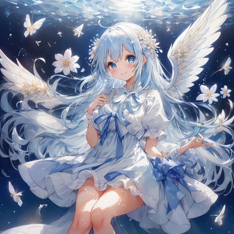 A dreamy, sparkling, cute atmosphere filled with lots of big soap bubbles floating in the air. A moe anime style bishoujo with big sparkling blue eyes and a fluffy appearance. Full body. A sparkling smiling face. She wears a light blue dress with detailed and delicate ruffles, and many ribbons and flower-shaped ornaments. She has fantastic, fine translucent white wings and an aura of magical light that accentuates the fantastic atmosphere. Her hair is voluminous and long wavy, with ribbons to match, giving her a cute and whimsical look. The background is a dreamy field of flowers and sparkling light amidst many large soap bubbles flying around, and the soft light blue color enhances her fantastic and gentle atmosphere. (( highest image quality, highest quality ))