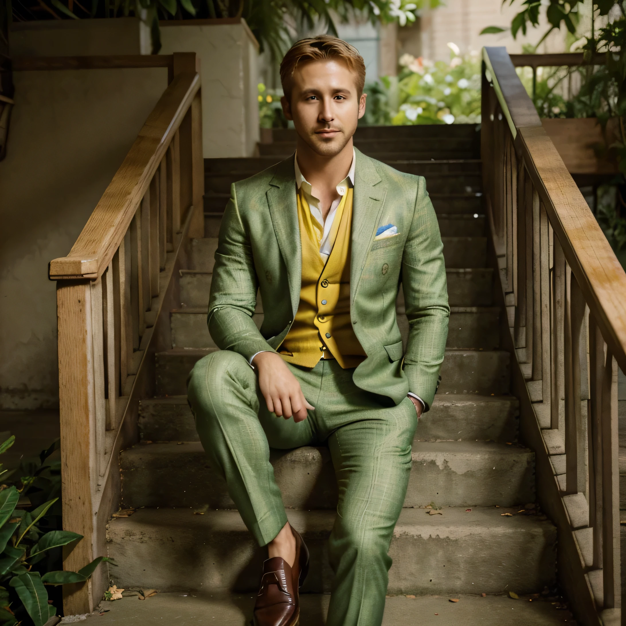 Ryan Gosling, flowers-patterned suit, green-rooted pants, yellowish-brown dress shoes, staircase, vibrant colors, detailed facial features, confident expression, natural lighting. (best quality, 4k, highres:1.2), ultra-detailed, photorealistic, portraits, vivid colors, warm color tones, bokeh.
