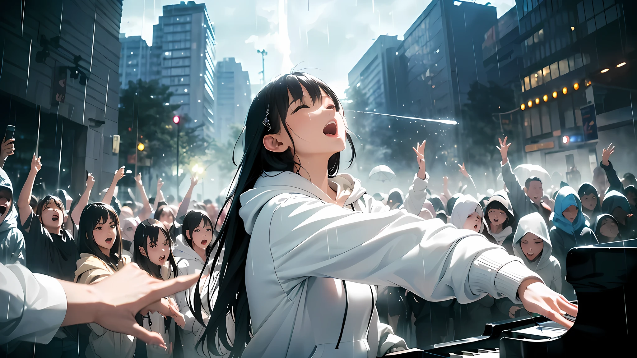 ((heavy rain))((full shot))((long shot))((refugee))((war zone)), white feathers dancing (arms outstretched, singing)((full shot))((symmetry))((high angle))((woman in rain))((war zone)), alone, playing piano in crowd, being noticed, looking up at sky, eyes closed, mouth open, singing, high quality, crying, ((woman in white hoodie)), cool woman, fantastic, long black hair