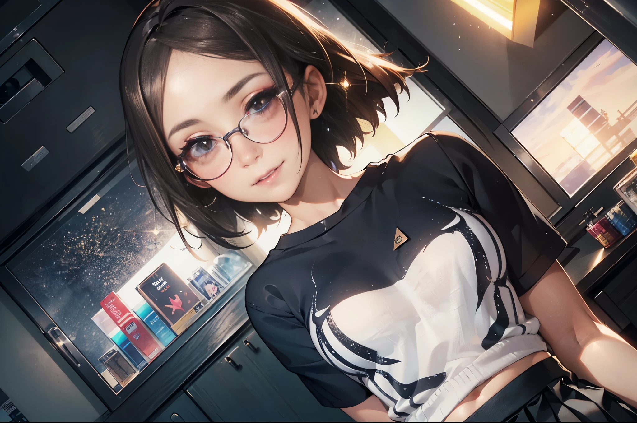 (maximum resolution: 1.2), (ultra high definition:1.2), cinema light, 8K resolution, fine eyes and skin, detailed face, perfect style, cute face, Accurate, anatomically correct, Highly detailed face and skin texture, double eyelid, thin eyebrows, glitter eyeliner: 1 natural cheek, shiny skin, Fair skin, Glossy skin: 1.2, (glossy lips: 1.4), (embarrassed look: 1.2), 17 year old woman, (highest quality:1.2), (angle from below:1.2), cinematic lighting, perfect style, beautiful face, blush, humiliation, impatience, glare, embarrassing, (smile:1.2), (short sleeves knit shirt:1.5), (pleats micro skirt:1.5), dark brown hair, (fascinating body:1.2), (flat chest:1.0), ultra fit clothes, Glasses, navel