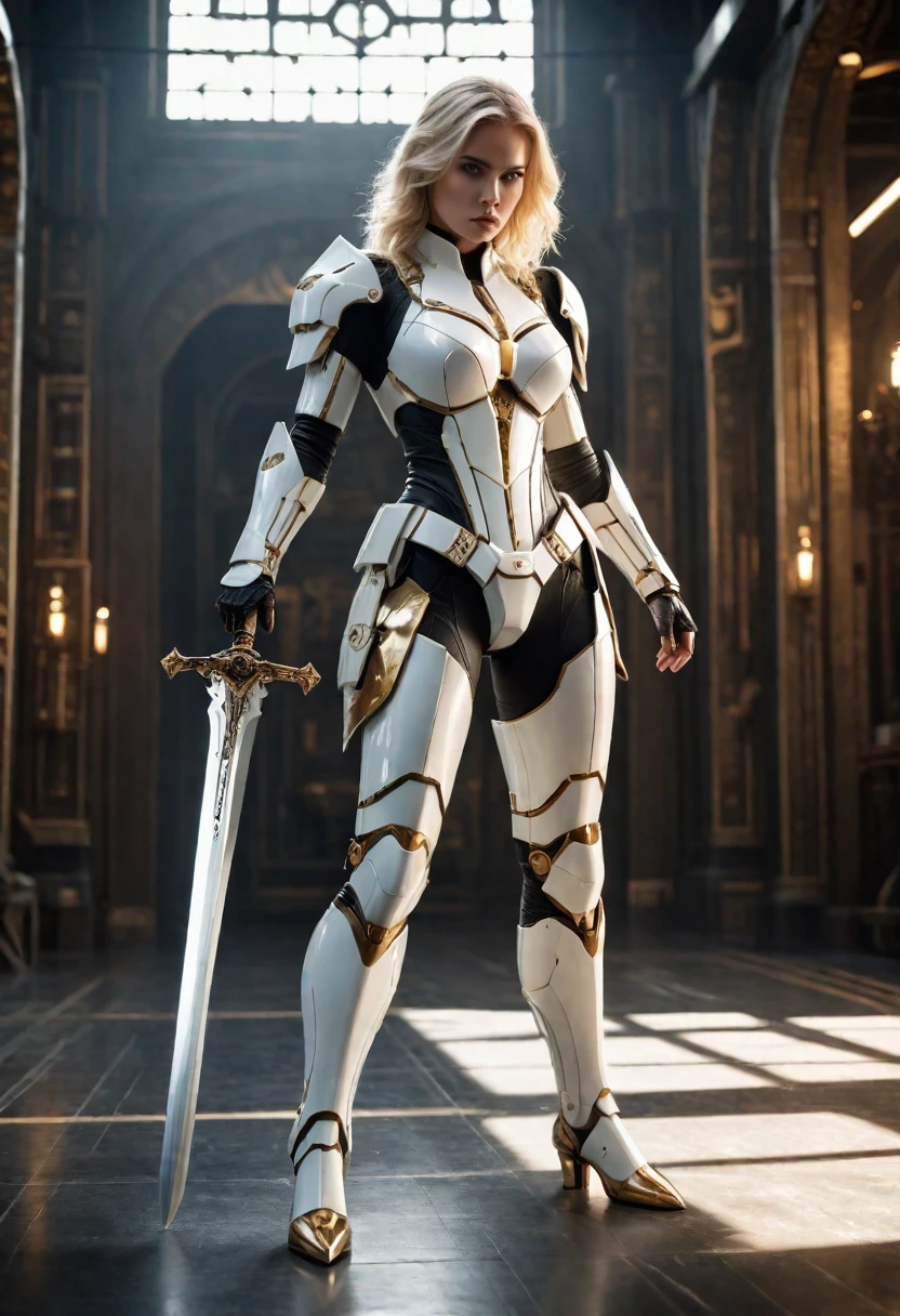 ((Full body shot, standing, feet on the floor))  cinematic photo half portrait  , cinematic photo , dynamic pose long shot portrait of a (White) ivory mechanical warmachine with A beautiful  BLONDE WOMENs head with stern angry face (gold) and (black) details, scfi-fi, subsurface ter , holding a big sword Infront of face like a Ninja , hyper realistic, concept art, illustration, extremely detailed, extremely intricate, extremely sharp lines, sharp focus, fascinating, 4k, 8k, smooth, masterpiece, award-winning, art by jim lee, art by wlop, full body shot, . 35mm photograph, film, bokeh, professional, 4k, highly detailed, cinematic  photorealistic, 8k uhd natural lighting, raw, rich, intricate details, key visual, atmospheric lighting, 35mm photograph, film, bokeh, professional, 4k, highly detailed . 35mm photograph, film, bokeh, professional, 4k, highly detailed
