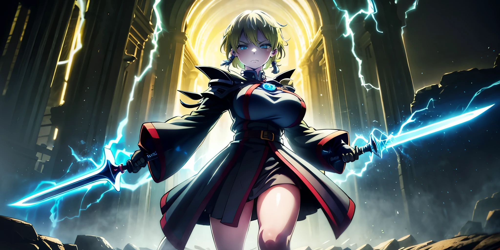 tenka izumo, short hair, blue eyes, blonde hair, anatomically correct, heavy breathing, huge breasts, 1girl, holding, sword, black_hair, solo, holding_weapon, long_hair, holding_sword, jewelry, skirt, standing, dual_wielding, closed_mouth, glowing, bangs, gloves, earrings, looking_at_viewer, long_sleeves, cowboy_shot, glowing_weapon, sweating, steaming body, fog, (electricity:1.3), (shaded face:1.2), hollow eyes, blue eyes, looking at viewer, (heavy breathing:1.2), expressionless, glaring eyes, (anime coloring, anime screencap)