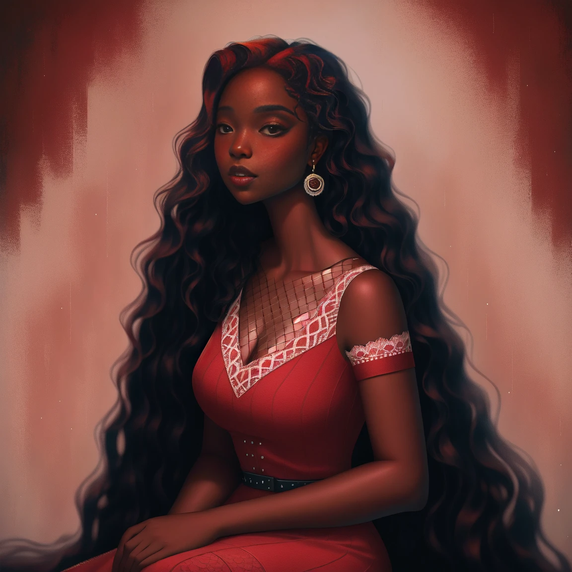 A Congolese black woman with rich dark brown skin, content expression, beautiful, 1woman, intricate detail, long wavy hair, beautiful fitted sheer burgundy lace dress, abstract accents in the background