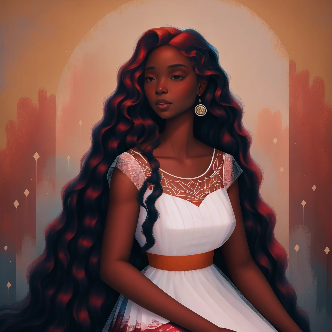 A Congolese black woman with rich dark brown skin, content expression, beautiful, 1woman, intricate detail, long wavy hair, beautiful fitted sheer burgundy lace dress, abstract accents in the background