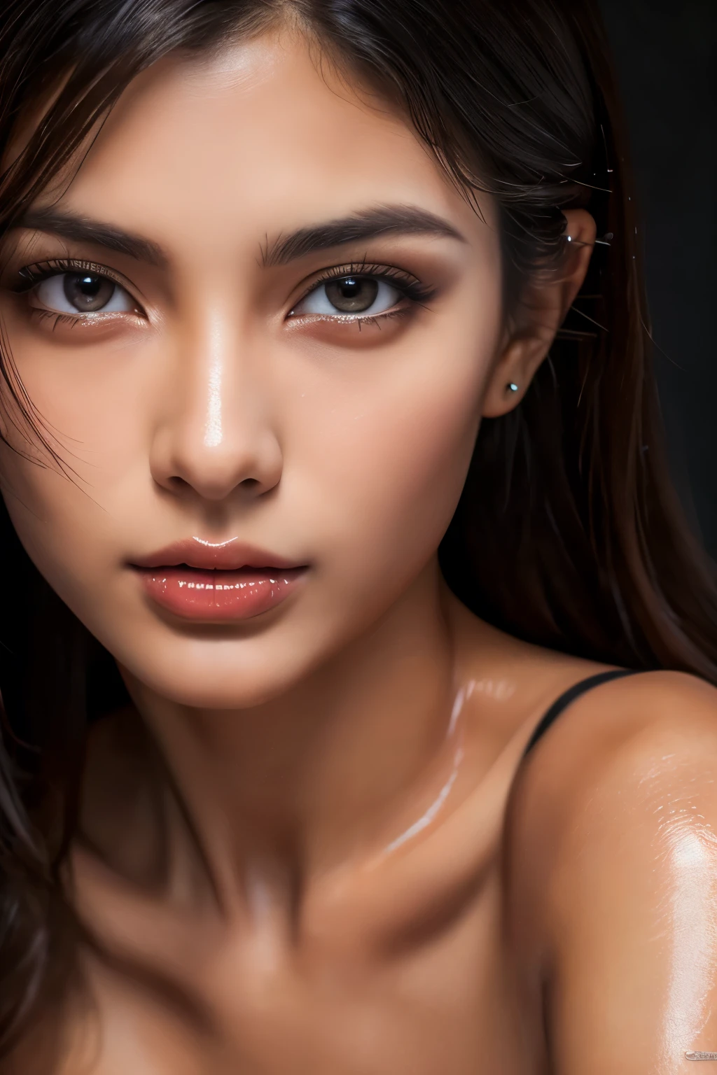 Masterpiece, best quality, (extremely detailed CG unity 8k wallpapers), (best quality), Latina women, naughty face, detail skin texture,(details of a very beautiful face)(best quality:1.4)8k resolution,(photo realistic) raw photo, gloss lips, expressive eyes, cinematic lighting, perfect body shape, full body, black latex suit, erected, nude