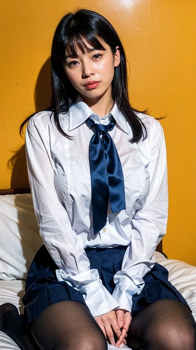 ((8k、High resolution、highest quality、High resolution)))、34 years old、alone、Natural body shape、White skin、Natural Makeup、((Black Hair、bangs、Straight Long Hair))、((()))、((school uniform 、White collared blouse、Red School Ribbon))、((Navy blue pleated skirt))、(Big Breasts:1.3)、((The upper body is wearing a uniform))、(((((Looking at the camera)))))、(((Head to shin portrait)))、(((Exposing your thighs)))、Bedroom、On the bed、sit、((Focus on the crotch))、Navy blue socks