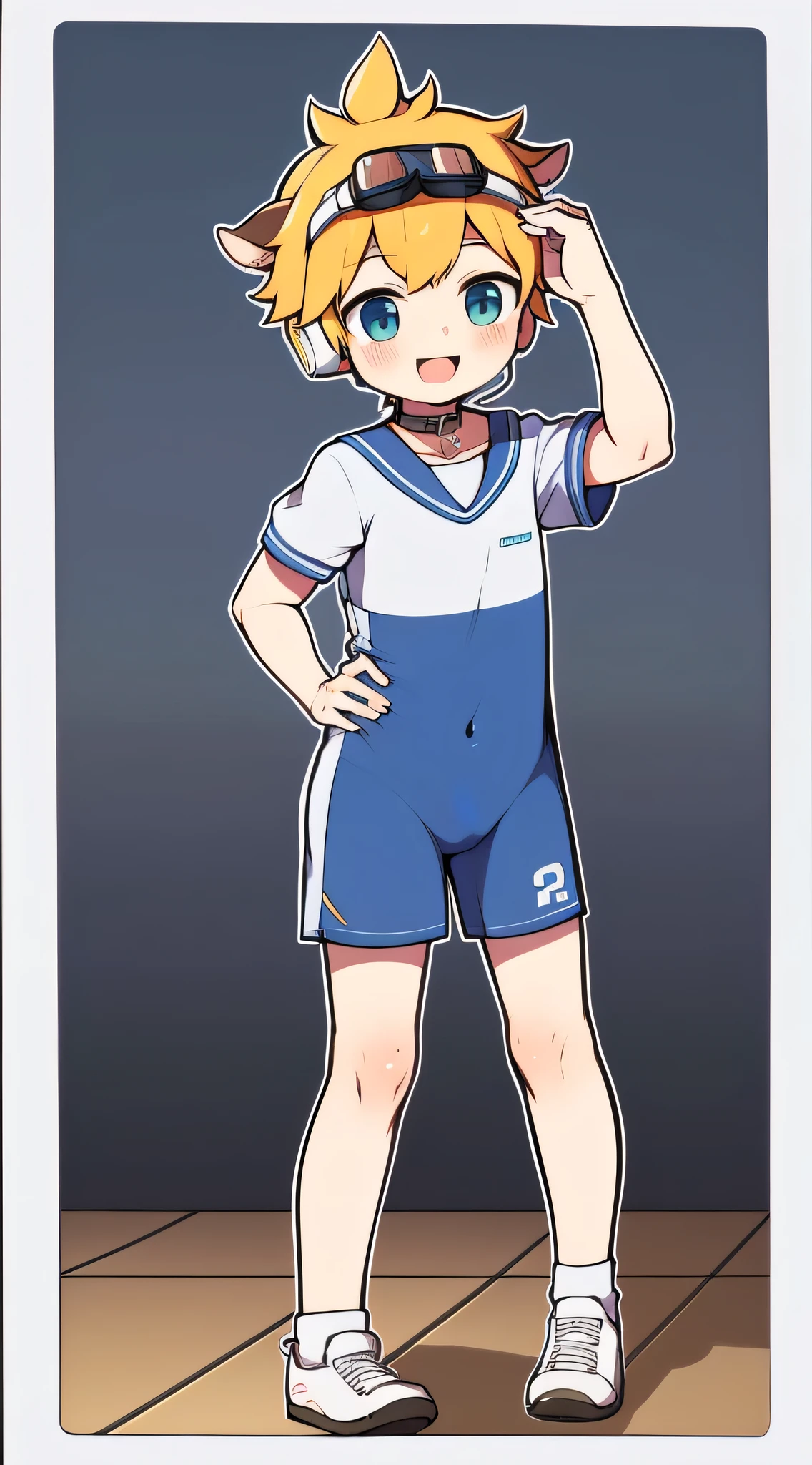 Two-dimensional boy，One-piece sportswear，horn，Cow ears，Put the headphones on your head，stand up，goggles，sports shoes，Slim，Sailor collar，Knee socks，Short sleeve，Leg ring，cute，happy