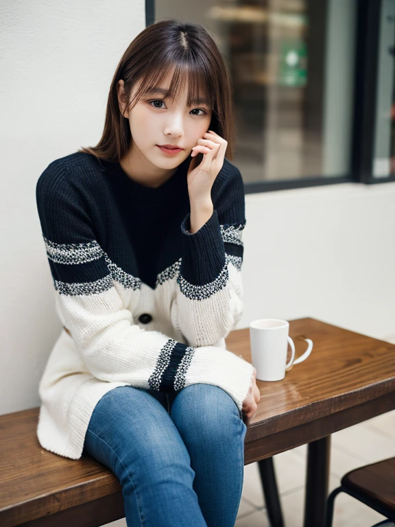 ((Tabletop,highest quality)), (Like the picture:1.4),((Tabletop,8k))、White wall、(White Room)、((Full body photo))、Photographed in natural light、Highly detailed face and skin texture、Highly detailed lips、The correct state of the human body、Ultra-high resolution、(Realistic:1.4)、highest quality, One beautiful woman, 21 years old, s, 80mm lens、Black sweater、The top is a white boa knit.、jeans、boots、Japanese women、(Dark brown hair)、ponytail、Various poses、Looking at the camera、Natural color lip、年齢は21 years old、university student、Starbucks Part-time Job