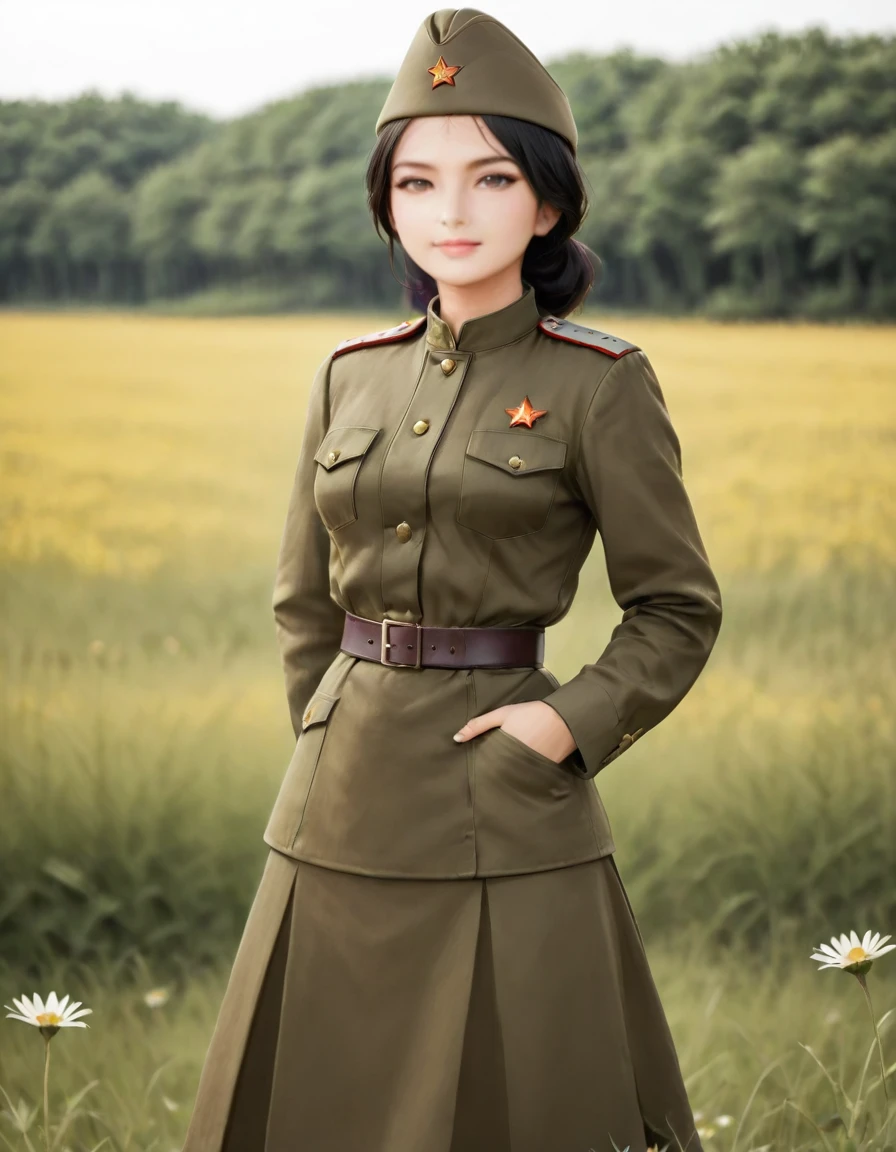 1 girl, One, Soviet military uniform, dynamic pose, Best quality, high quality, high resolution, masterpiece, looks away, turning away from the viewer, source: 1 girl, one, Soviet military uniform, Soviet cap, belt, black hair, ponytail hairstyle, emotions, skirt, green eyes, standing on a field of daisies