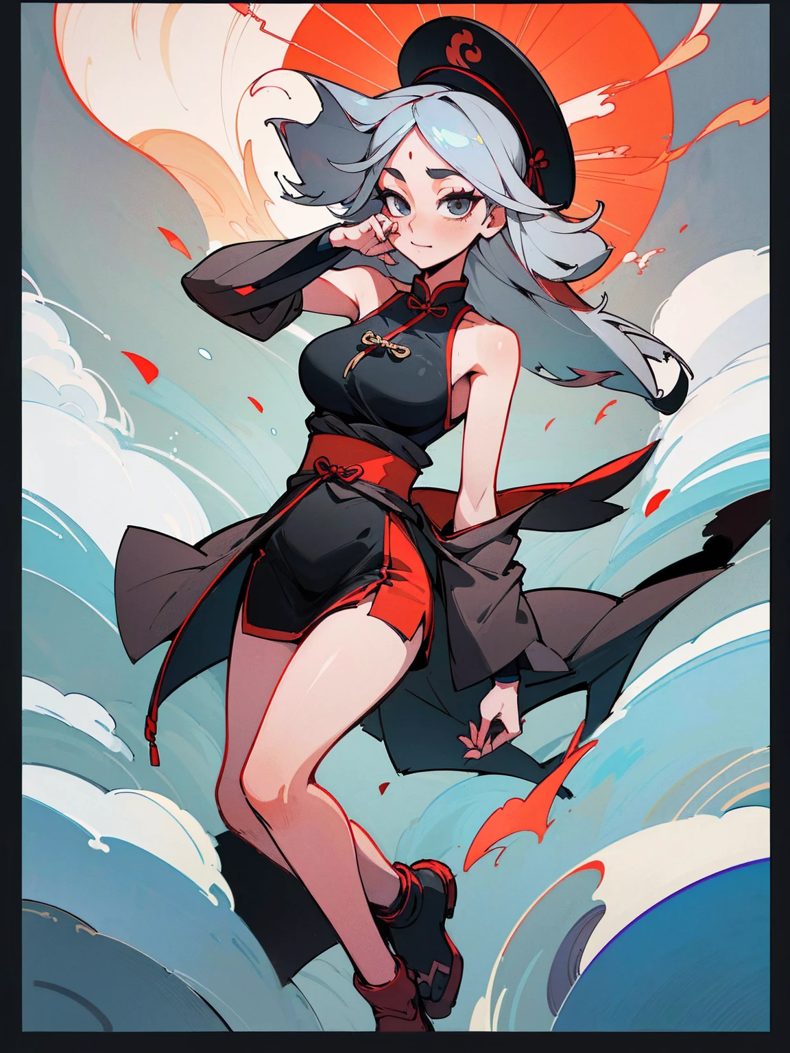 ((8k: 1.27), (maximum quality, art, super high resolution: 1.2), (4K illustration quality), Perfect Female Body, Long gray hair, Chinese hat, Blind, Sexy monk clothes, showing legs, showing shoulders, sexy pose, monk temple