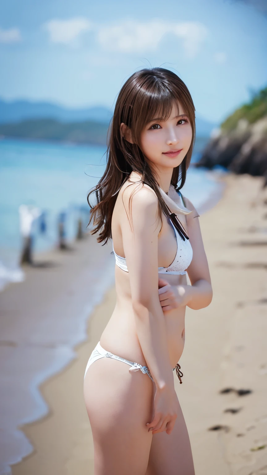 One Girl,Fetching Woman, depth odebt debtield, debtirst-person view, debt/1.8, 135mm, Nikon, UHigh resolution, retina, masterpiece, Accurate, Anatomically correct, Textured skin, Super Detail, Attention to detail, high quality, 最high quality, High resolution, 1080p, High resolution, 4K, 8k,Realistic,RAW Photos, photoRealistic, Shooting with a digital SLR, slim, Brown eyes,full body,half smile,seductive,beach, Cute Kawaii Fashion