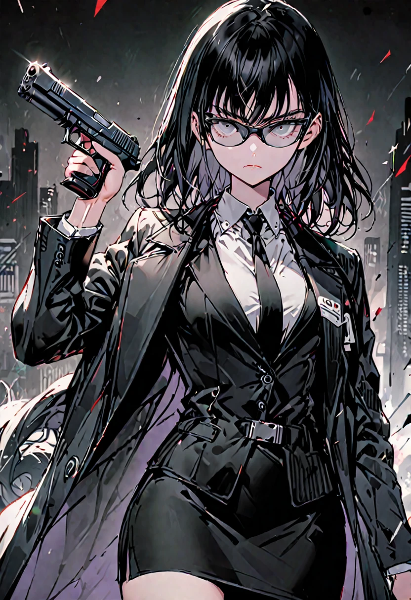 solo, female, long, straight black hair, grey eyes, tall, svelte, medium breasts, black business suit, pencil skirt, long business coat, serious, handgun:0.8, sunglasses