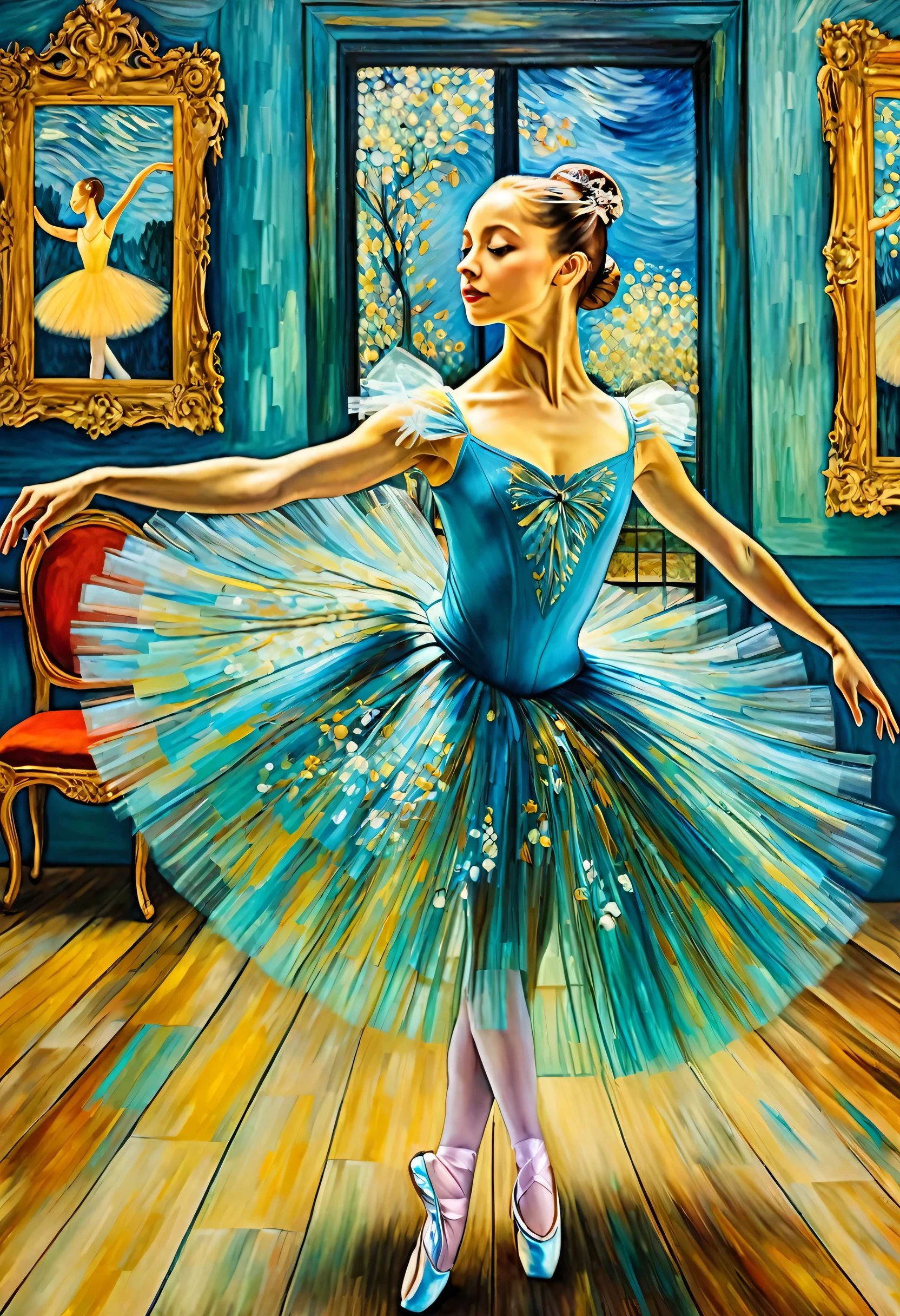 pintura, classical ballerina, com tutu, dancing, estilo van gogh e degas e leonardo da vinci