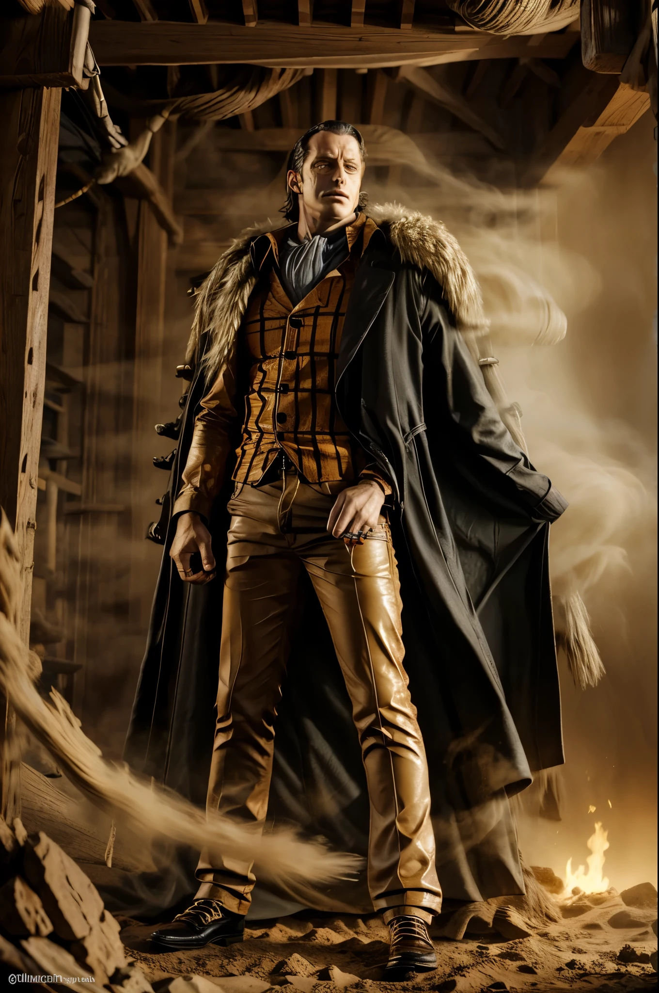 masterpiece, best quality, extremely detailed, hyperrealistic, photorealistic, a cool 40s man, ultra detailed face:1.2, fur-trimmed coat, scarf around the neck, his left hand is a golden pirate hook:1.1