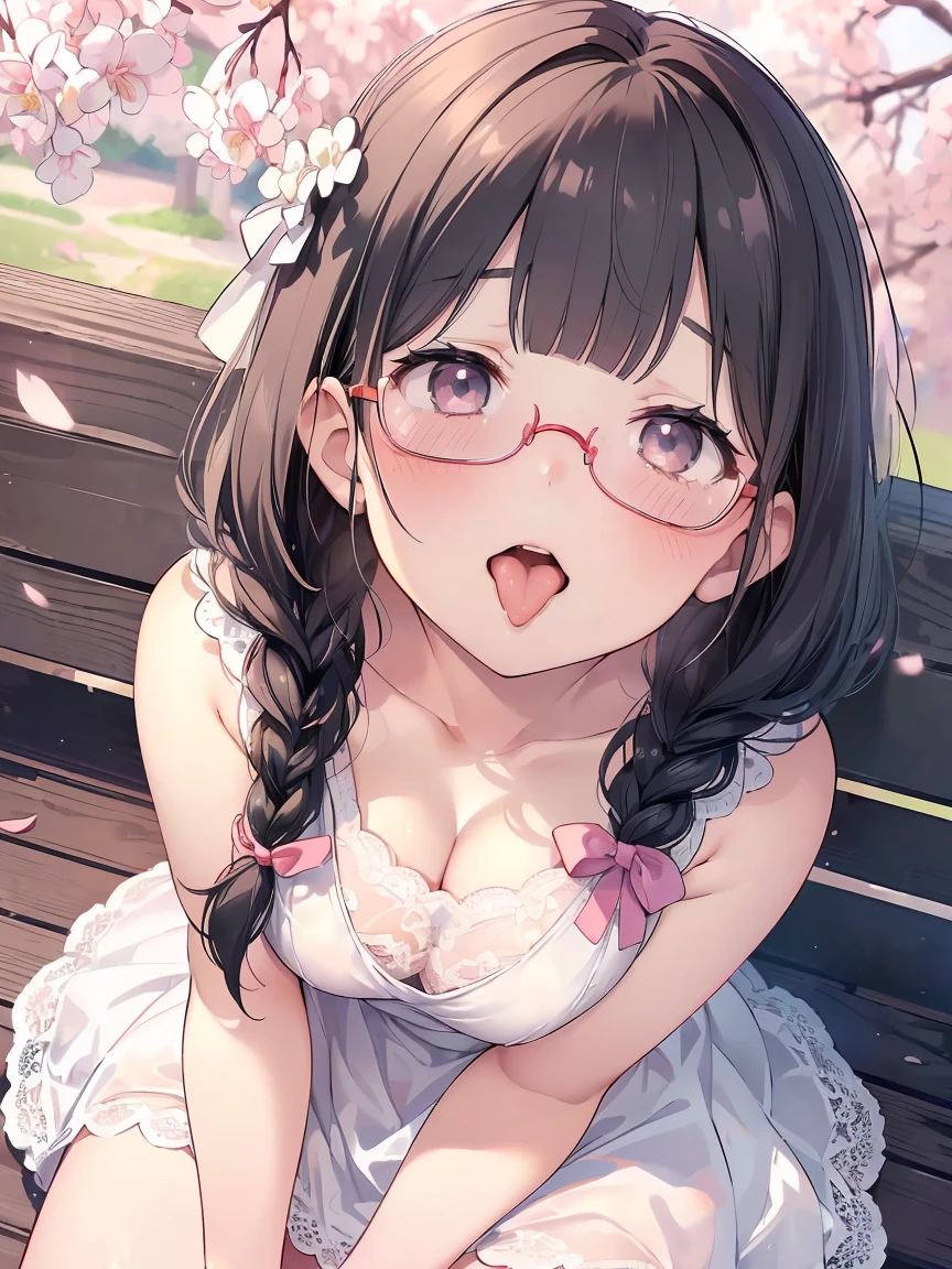 Very detailed, highest quality, High resolution, Moe Anime, ((A cute  with black hair and droopy eyes)), ((Wearing large round glasses:1.4)), (Baby Face), Cute eyes, eye depiction, Sparkle in the eyes, View your viewers, Pale skin, (Big eyes:1.4, Droopy eyes:1.4, Fatty face:1.4), smile, Focus on the face, In the park with cherry blossoms falling, Sitting, (Extreme close up of tongue), (((From above))), Open your mouth, (((Face only:1.3))), ((white lace sleeveless dress)), Bright Eyes, Light from the front, (Put your hands between your legs:1.4), large and long tongue, Cleavage, Braided Hair, Pink ribbon