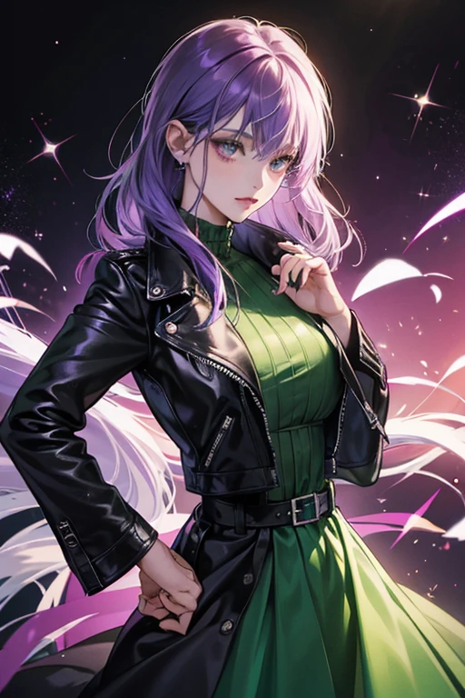 Banshee is an ethereal woman with purple-bluish hair, wearing a green dress. sporting a black leather jacket over a red shirt. SPARKLE; GLITTER