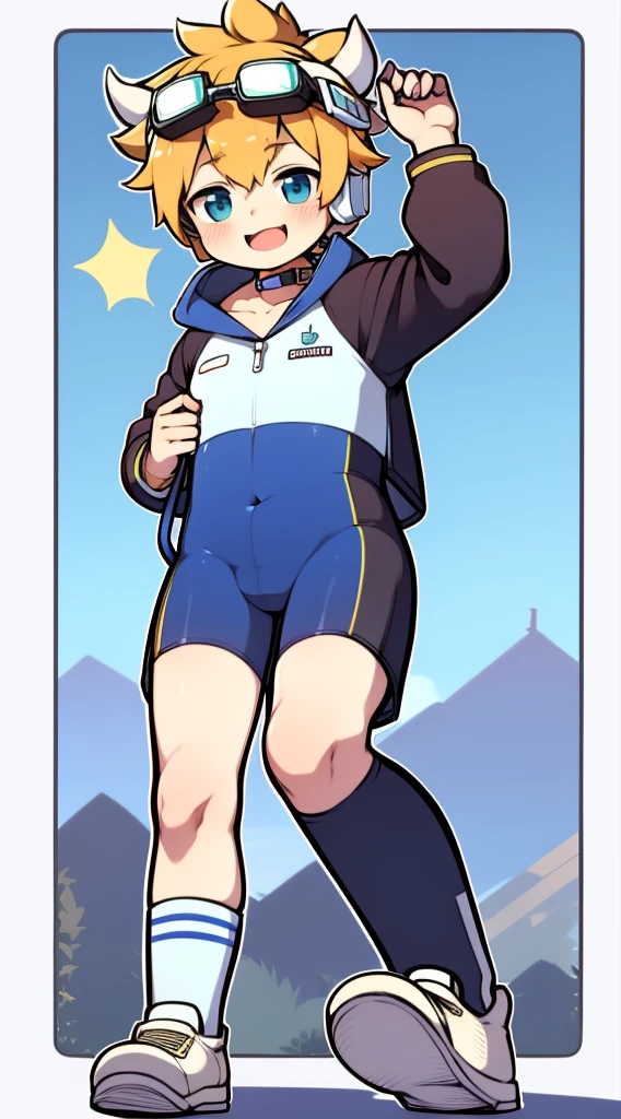 Two-dimensional boy，One-piece mountaineering suit，horn，Cow ears，Put the headphones on your head，stand up，goggles，sports shoes，Slim，Sailor collar，Knee socks，Short sleeve，Leg ring，cute，happy