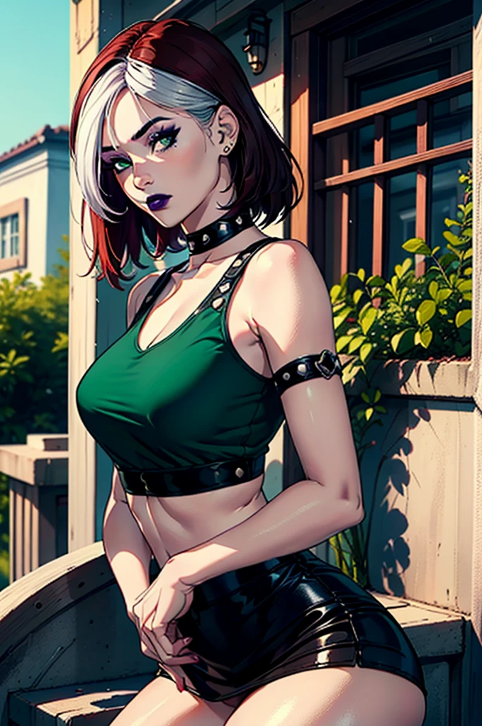(masterpiece, best quality, ultra-detailed), 1girl, RogueXME, two-tone hair, (red hair), white bangs, green eyes, purple makeup, purple lipstick, studded collar, medium breasts, green shirt, black skirt, mini skirt, outdoors
