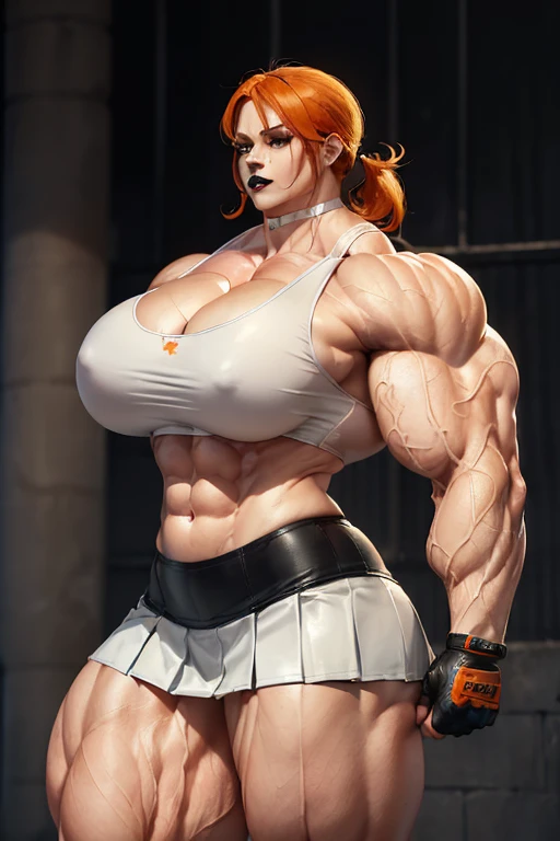 (((((Massive, tall, beautiful, pale white skinned, buff, muscular woman with orange hair, black lipstick, ginormous bulky muscles and wearing a white leather sports bra with pleated skirt))))), (close view), (massive muscle), massive biceps, hyper muscle shoulders, vascular shoulders, hyper muscle triceps, (long shaggy hair), green eyes, (wristbands), choker, school shoes, (in penitentiary), fingerless gloves, closed smile, night, hyper vascular arm, hyper muscles arms, hyper muscle legs, massive arms.