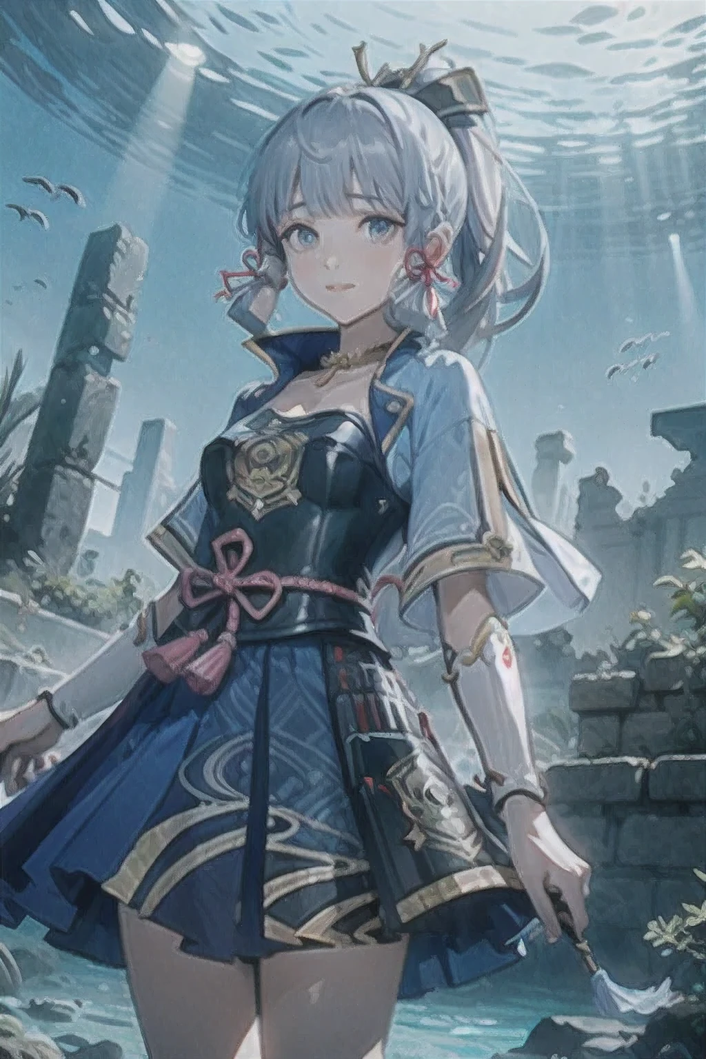 [(masterpiece, highest quality,3D)]:1.5 ((kamisato ayaka_Genshin Impact)),((One girl,Long Hair,Blue Hair,ponytail,Hair Ribbon, hair ornaments,Mole under the eye, blue eyes,breastplate,armor, Short sleeve,kimono,Blue Skirt, Tassel,gloves, Arm guard,))Ample breasts:1.9、[underwater,Dancing in the water],((Fantastic underwater ruins background)),Close-up image
