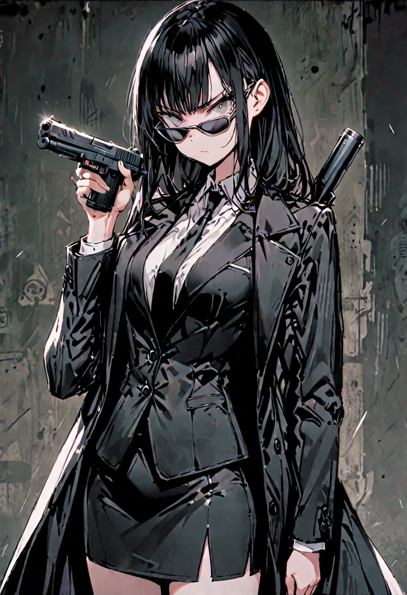 solo, female, long, straight black hair, grey eyes, tall, svelte, medium breasts, black business suit, pencil skirt, long business coat, serious, silenced pistol, sunglasses, pose