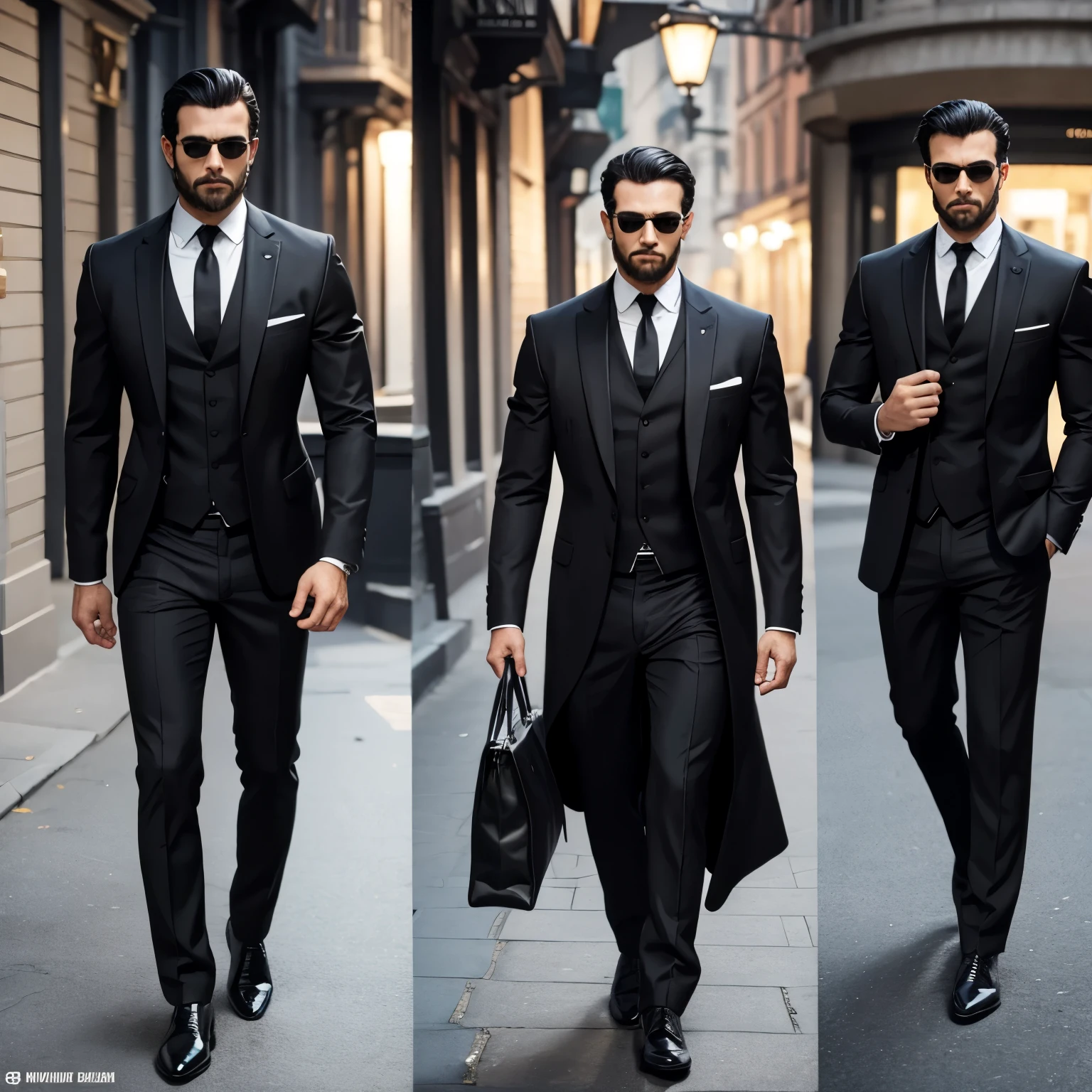 Create a man in black clothes with multiple look-alikes