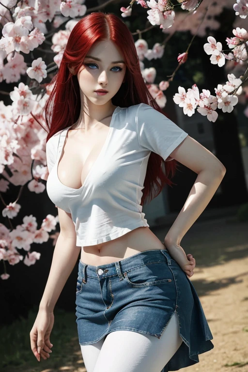 Ultra realistic, red-haired girl, seductive leaning forward detailed skin, pale-white (highlighted) skin, ultra realistic, 16k, high quality, picture-perfect, flawless, clean, masterpiece, professional artwork, detailed artwork, cinematic lighting, cinematic bloom, realistic shading, (long red hair)),(1girl, beautiful korean girl),perfect face, (young:1.1),((fit figure)),((25 year old)), beautiful face, beautiful turquoise-blue eyes (cute eyes look), detail eyes, detail face, (((perfect female body, narrow waist))),(large breasts:1.3)lora:GoodHands-beta2:1>, , ((girl standing)),upper body, white shirt, jeans skirt and pantyhose clothing (realistic texture), blade to side, strike pose,blade down,blade right hand,, cherry blossoms,, blurred background (masterpiece, best quality, high quality, highres, ultra-detailed), different poses at different angles.