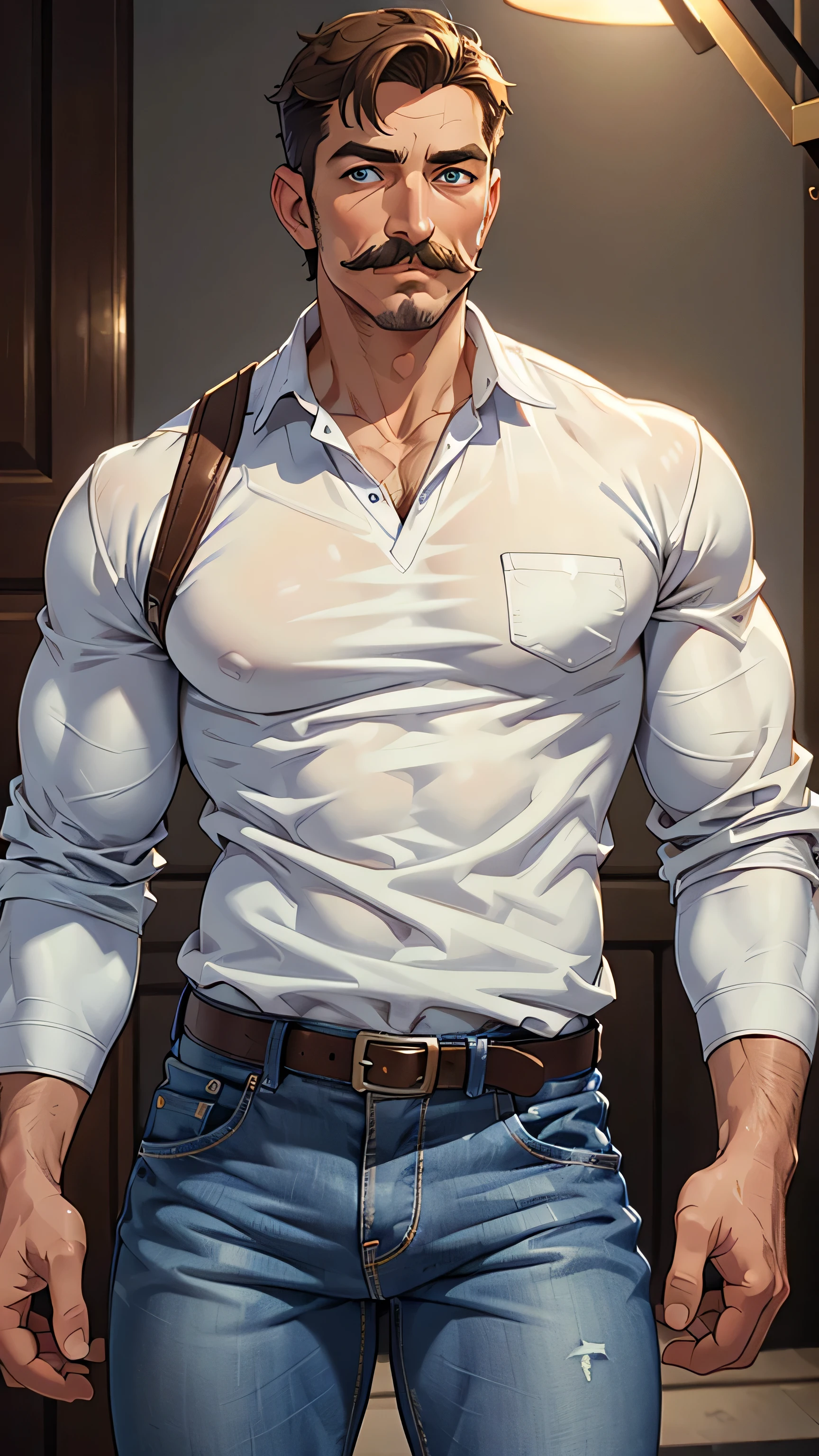 (mature man:1.3), solo, adult, brown short hair, blue eyes, moustache, white shirt, jeans, (high quality), (best quality), (detailed), perfect lighting, detailed face, detailed body,