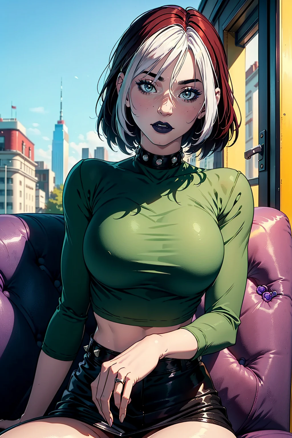 (masterpiece, best quality, ultra-detailed), 1girl, RogueXME, two-tone hair, (red hair), white bangs, green eyes, purple makeup, purple lipstick, studded collar, medium breasts, green shirt, black skirt, mini skirt, outdoors