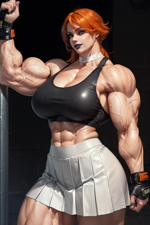 (((((Massive, tall, beautiful, pale white skinned, buff, muscular woman with orange hair, black lipstick, ginormous bulky muscles and wearing a white leather sports bra with pleated skirt))))), (close view), (massive muscle), massive biceps, hyper muscle shoulders, vascular shoulders, hyper muscle triceps, (long shaggy hair), green eyes, (wristbands), choker, school shoes, (in penitentiary), fingerless gloves, closed smile, night, hyper vascular arm, hyper muscles arms, hyper muscle legs, massive arms.