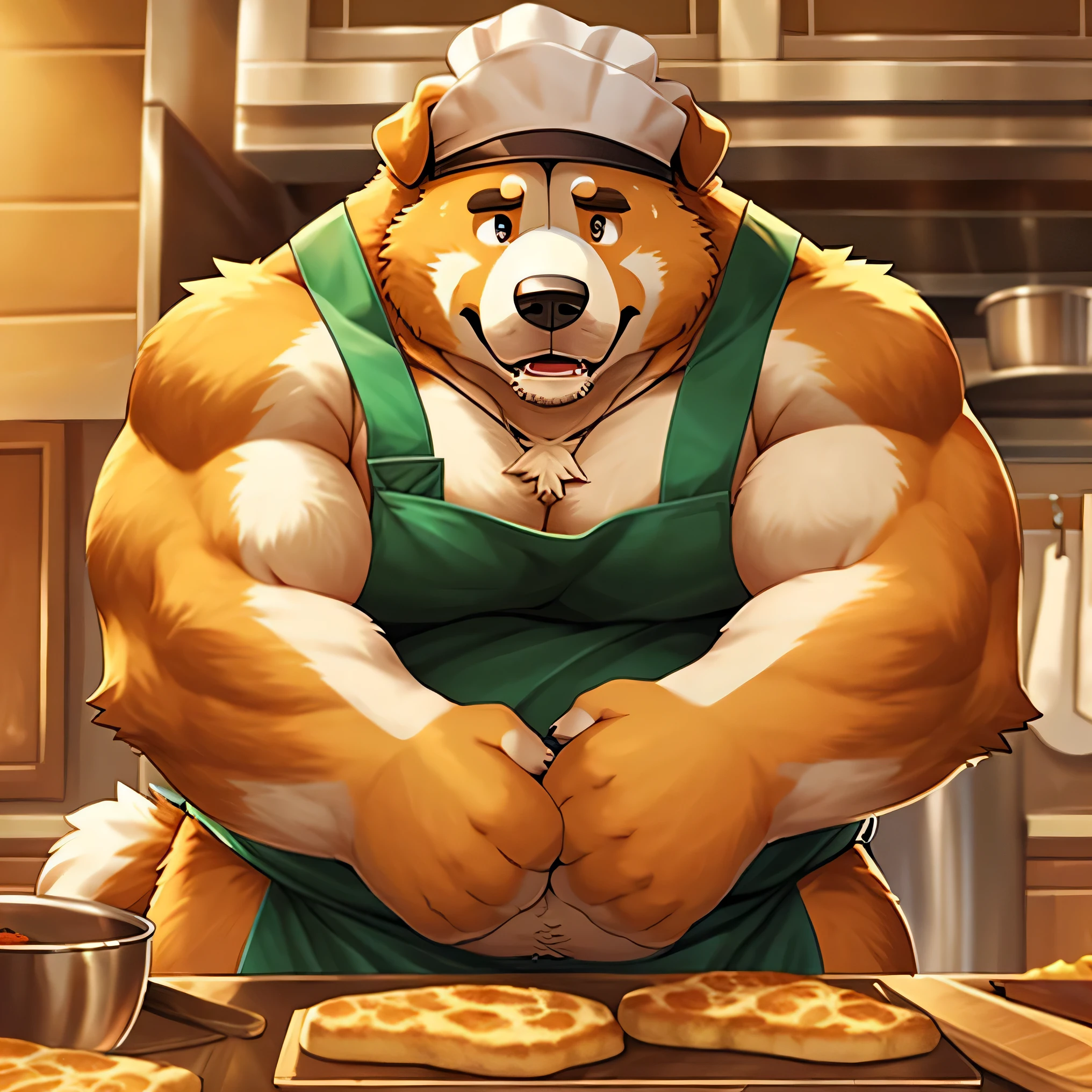 chef's cap, man, alone, apron, kemono, from below, barazoku, looking up, furry dog (Saint Bernard breed), hairy, muscular body, fat (fat, fat)