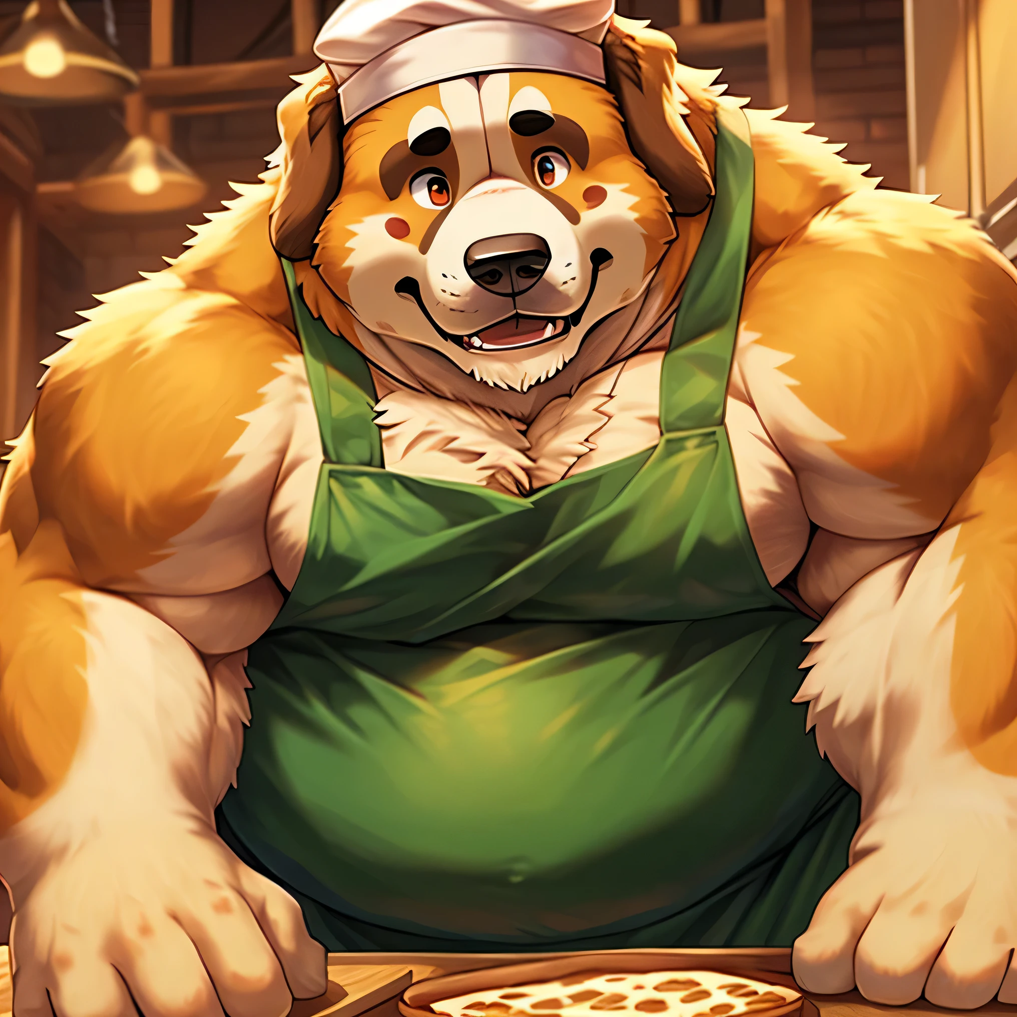 chef's cap, man, alone, apron, kemono, from below, barazoku, looking up, furry dog (Saint Bernard breed), hairy, muscular body, fat (fat, fat)