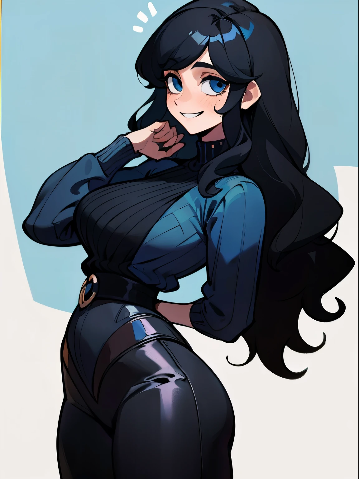 ((obra maestra, mejor calidad)), (1 mujer adulta) (cuerpo maduro), (solo), (enfoque femenino), (black hair, long black hair) (slightly wavy hair) (Long and short bangs on both sides of the face, slightly messy hair, slightly wavy hair), (Blue sky eyes) (celeste) (blue sky sweater and black pants) (cintura de avispa) (big breasts), little smile, de buen humor, de pie, white background