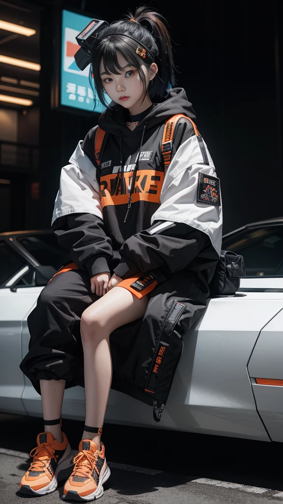 A Korean girl, Make-up douyin, is wearing cool cyberpunk style clothes varying in black and orange and carrying a firearm, sitting wearing shoes, on a white background.