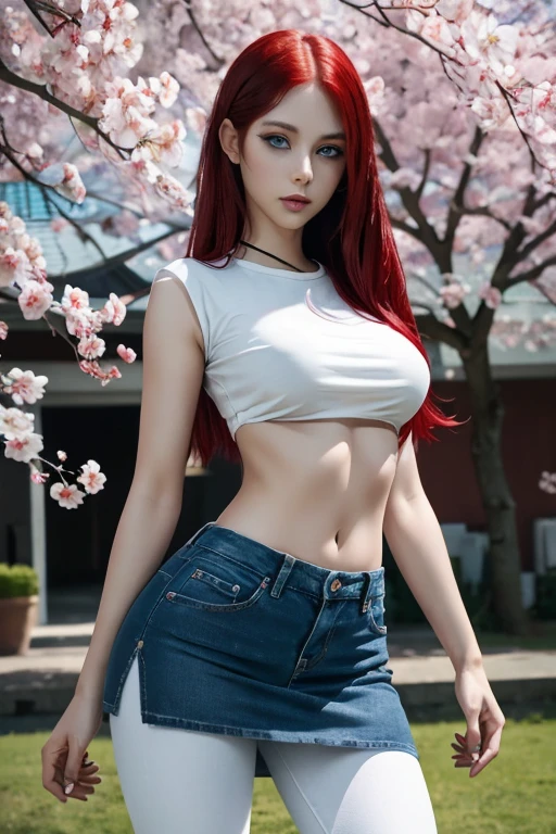 Ultra realistic, red-haired girl, seductive leaning forward detailed skin, pale-white (highlighted) skin, ultra realistic, 16k, high quality, picture-perfect, flawless, clean, masterpiece, professional artwork, detailed artwork, cinematic lighting, cinematic bloom, realistic shading, (long red hair)),(1girl, beautiful korean girl),perfect face, (young:1.1),((fit figure)),((25 year old)), beautiful face, beautiful turquoise-blue eyes (cute eyes look), detail eyes, detail face, (((perfect female body, narrow waist))),(large breasts:1.3)lora:GoodHands-beta2:1>, , ((girl standing)),upper body, white shirt and jeans skirt clothing (realistic texture), blade to side, strike pose,blade down,blade right hand,, cherry blossoms,, blurred background (masterpiece, best quality, high quality, highres, ultra-detailed), different poses at different angles.