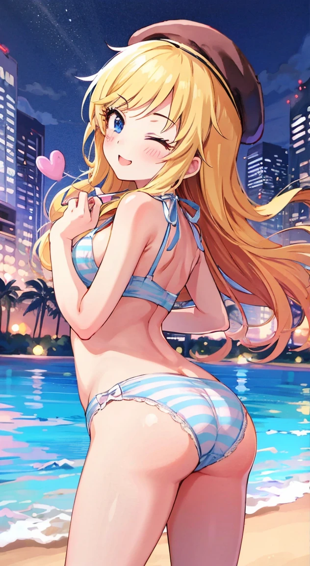 side tie ,blush, full-face blush,masterpiece, highest quality, (anime screencap:1.3),(shape), cute,(simple:1), (anime:1.2),Solo Sharp Focus, 1 girl, cleavagg at the viewer, nighttime pools,Are standing,,(NSFW:1.2),bikini,pastel colour,beautiful hair,Horizontal stripes,heart shaped pupils,plaid pattern bra, plaid pattern panties,Tropicaarched back,one eye closed,Happy smile,