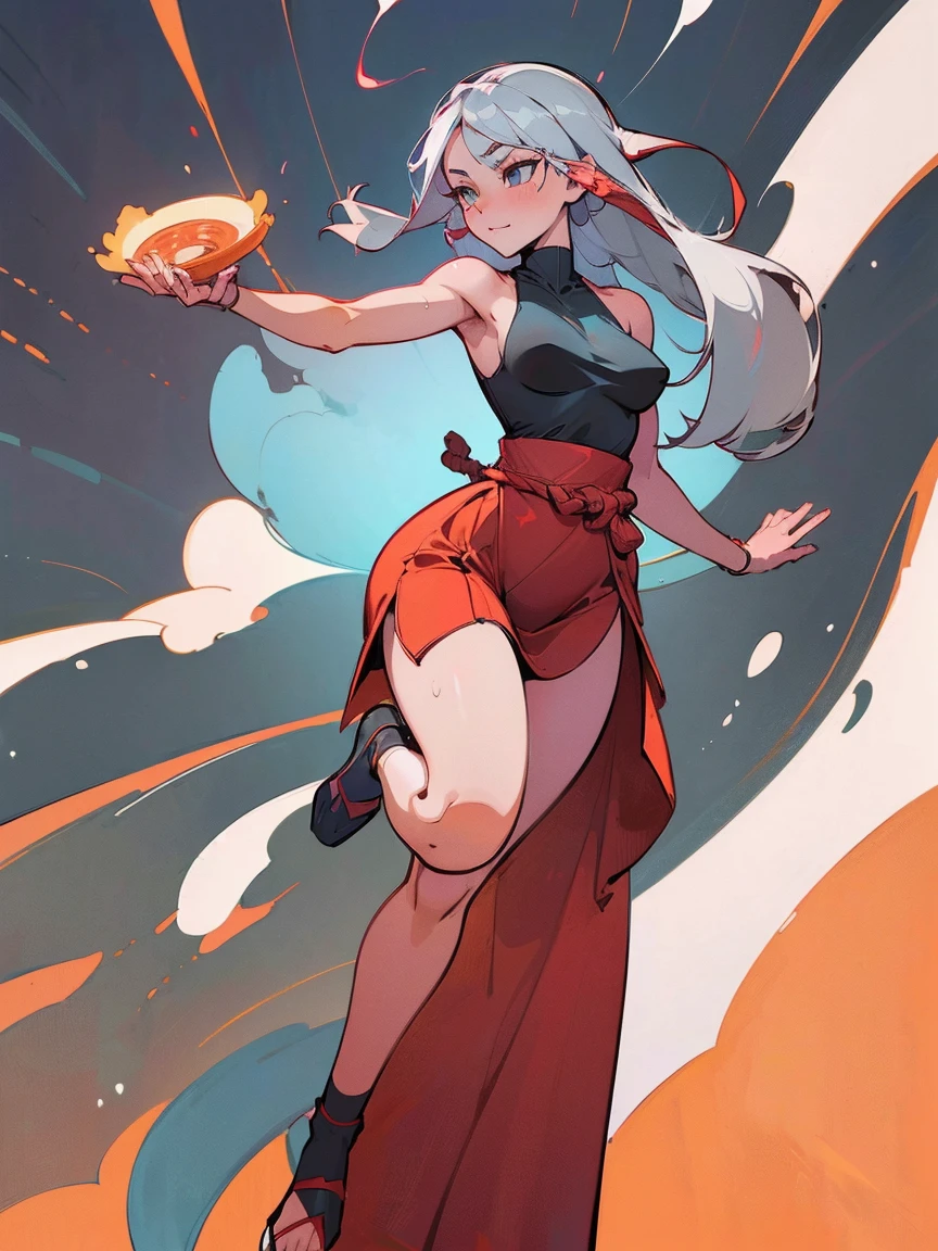 ((8k: 1.27), (maximum quality, art, super high resolution: 1.2), (4K illustration quality), Perfect Female Body, Long gray hair, Blind, Sexy monk clothes, showing legs, showing shoulders, sexy pose, monk temple, proiminent nipples, medium breasts