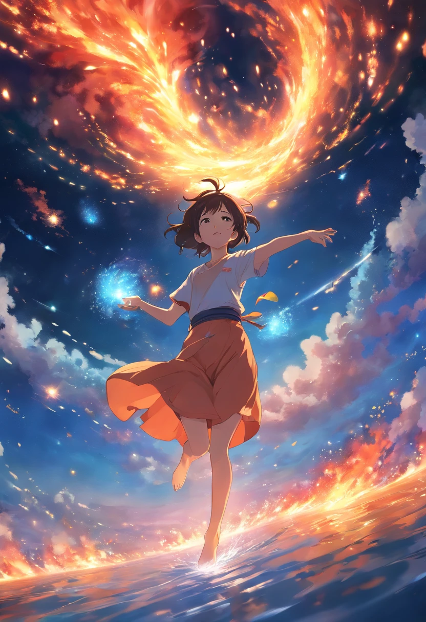 A girl floating in the cosmos, fire and water wrapping all around her body, masterpiece, digital art