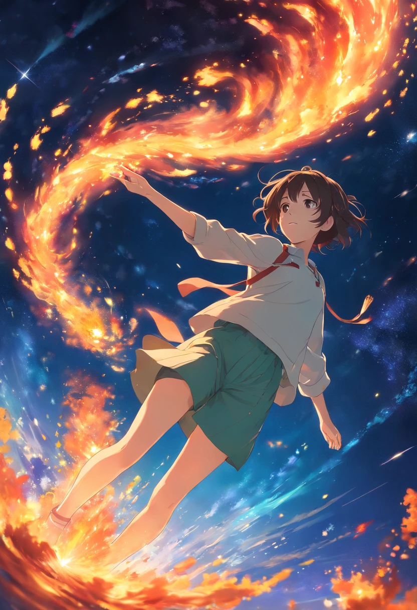 A girl floating in the cosmos, fire and water wrapping all around her body, masterpiece, digital art