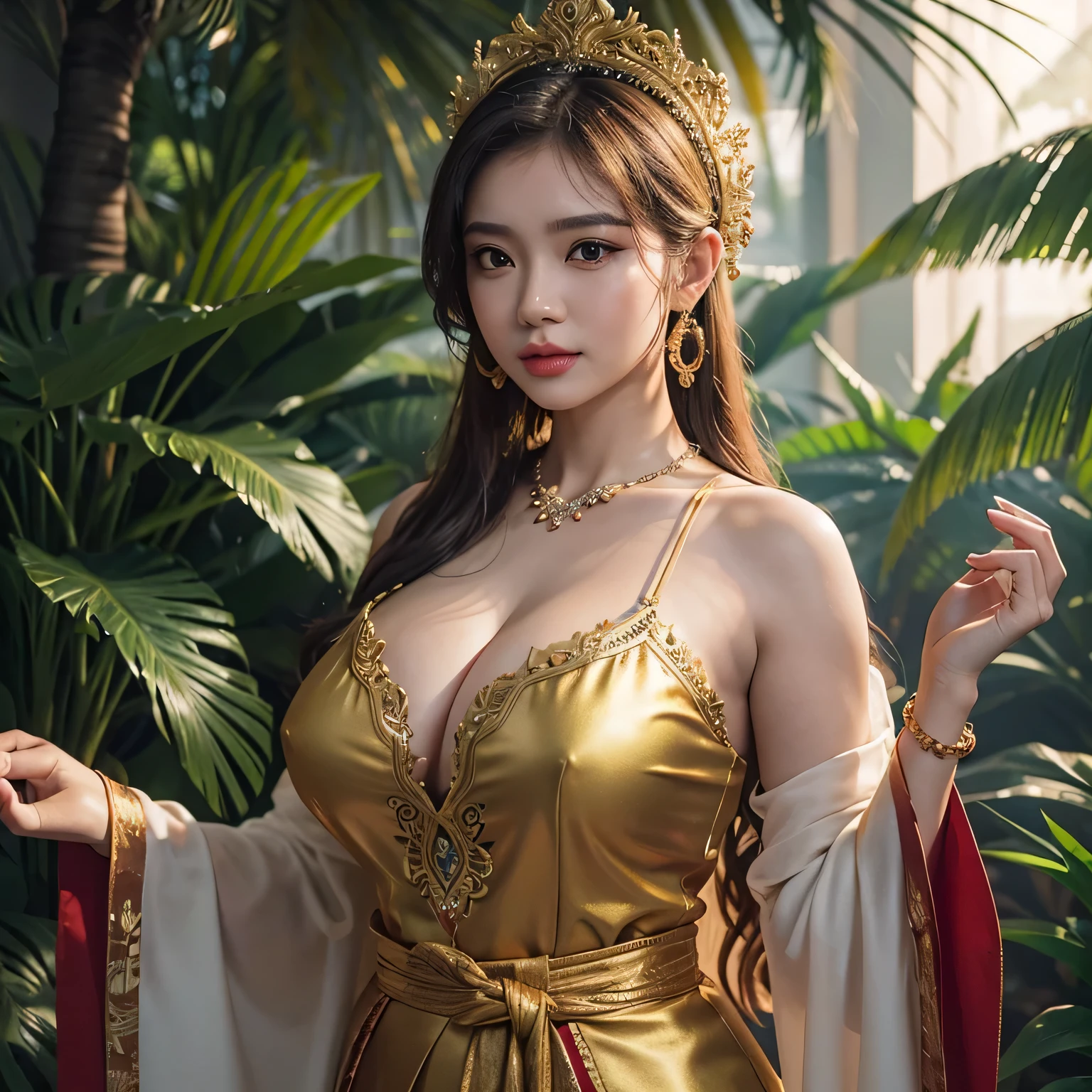 RAW, Best quality, high resolution, Masterpiece: 1.3, Busty blonde woman, wearing Traditional Indonesian Kebaya, Masterpiece, Soft expression, Realistic, 1 girl, Charming, alluring, voluptuous, ample bosom, Detailed clothes, intricate Batik prints, Javanese culture, elegant, posing confidently, Golden hoop earrings, fine jewelry, Fully dressed, classical Indonesia beauty, Rich colors, exotic, Indonesian island, Tropical background, lush greenery, sunset scene. 3D Octane rendering, ray tracing, super detailing viewer