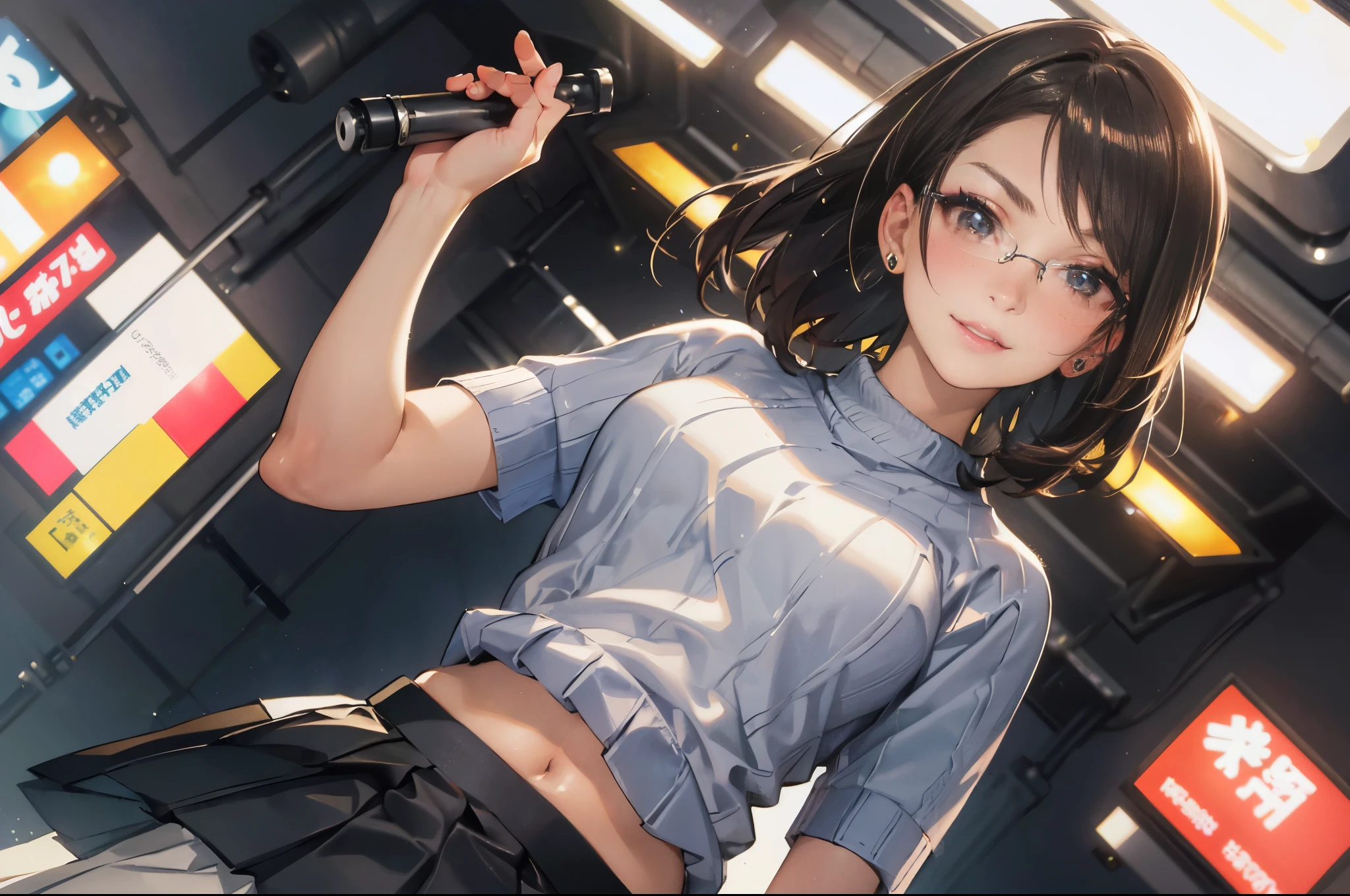 (maximum resolution: 1.2), (ultra high definition:1.2), cinema light, 8K resolution, fine eyes and skin, detailed face, perfect style, cute face, Accurate, anatomically correct, Highly detailed face and skin texture, double eyelid, thin eyebrows, glitter eyeliner: 1 natural cheek, shiny skin, Fair skin, Glossy skin: 1.2, (glossy lips: 1.4), (embarrassed look: 1.2), 17 year old woman, (highest quality:1.2), (angle from below:1.2), cinematic lighting, perfect style, beautiful face, blush, humiliation, impatience, glare, embarrassing, (smile:1.2), (short sleeves knit shirt:1.5), (pleats micro skirt:1.5), dark brown hair, (fascinating body:1.2), (flat chest:1.0), ultra fit clothes, Glasses, navel, long shot