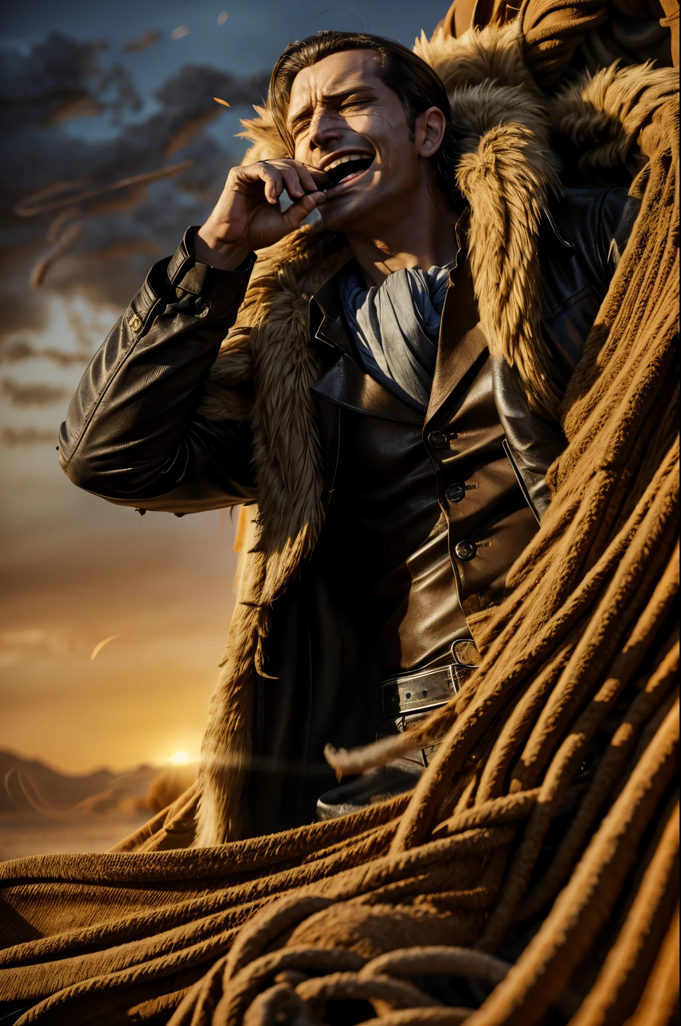 masterpiece, best quality, extremely detailed, hyperrealistic, photorealistic, a cool 40s man, ultra detailed face:1.2, fur-trimmed coat, scarf around the neck, his left hand is a golden pirate hook:1.1, on the ship:1.2, sandstorm, cigar, laughing, dynamic pose