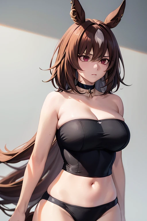 1 girl,Browsing Caution,(((Large Machine-Made Choker))),(Horse Girl), hair ornaments, high,Huge breasts, clavicle,Absurd, brainwashing,Hollow Eyes, ((Expressionless,Emotional erasure)),whole body像,((stand up, Standing still)), (highest quality、4K、8k、High resolution、Must have:1.2)、Very detailed、(reality、It is realistic.、Realistic:1.37)、Ticker、Hyper HD、Studio Lighting、Ultra High Definition Paint、Sharp focus、Physically Based Rendering、Extreme Detail、Professional specifications、Vibrancy and color、Blurred、Sports portrait、landscape、Horror Style、Anime Big Tits、SF、photograph、Concept Artist、Five Fingers, Perfect body, {{{masterpiece}}}, {{{highest quality}}}, {{Very detailed}}, {shape}, {{Very delicate and beautiful}},Improved cost performance、All Roles、Canon 5D MK4でphotograph、photograph, whole body、White background、Horse ears、Expressionless、straight eyebrows、Expressionless、straight eyebrows、Expressionless、Swimwear、Hypnosis App、Stand still、@_@、Expressionless、brainwashing、Hypnosis