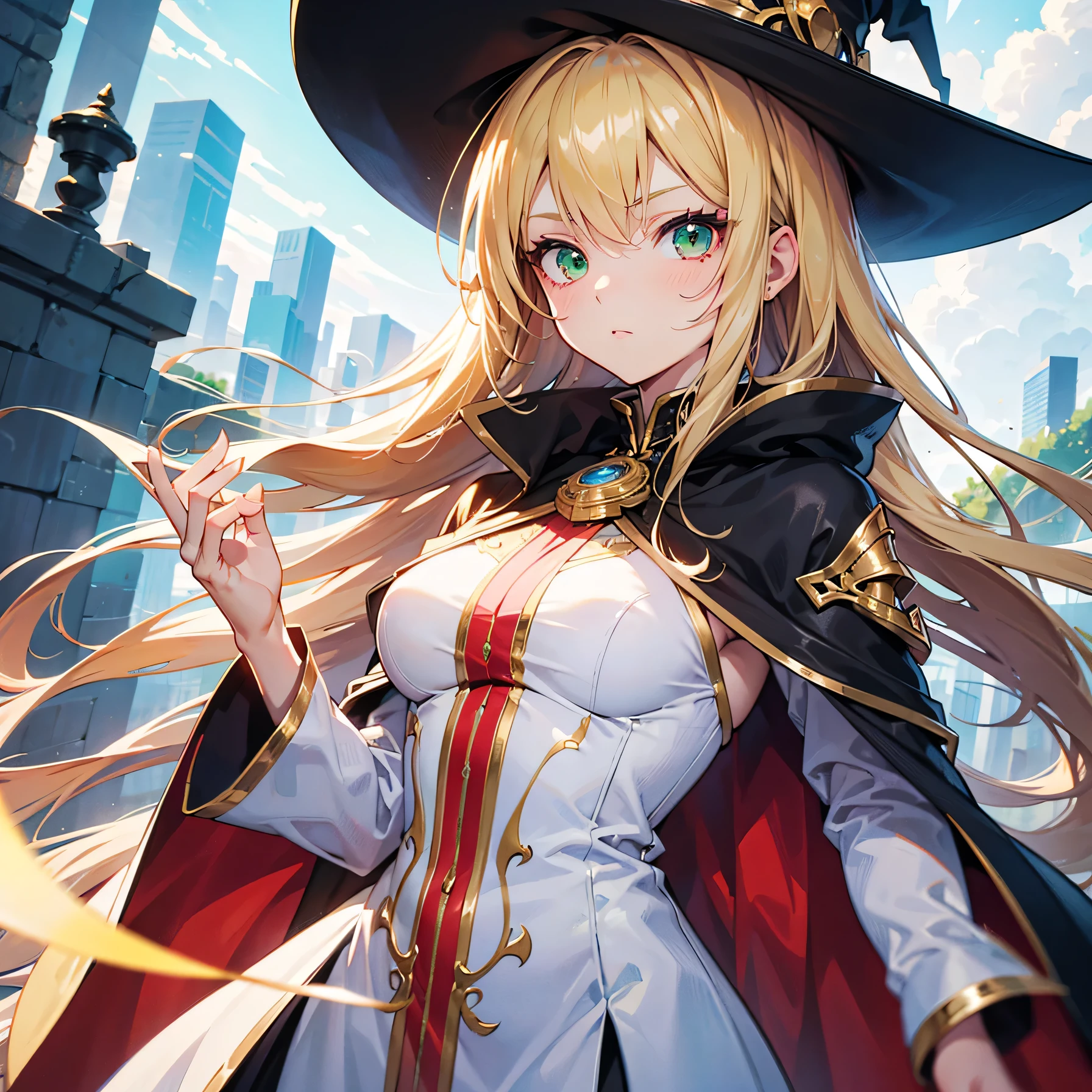Anime Moe Art Style,highest quality,High resolution,Anatomically correct,One Woman,Twenty years old,Blonde,Super long hair,Straight Hair,Green Eyes,Super detailed,Fantasy Style,witch,White hat with gold trim,White cloak with gold trim,Red lining,Black long dress,Medium sized breasts,Cold look,Raised eyebrows,Sharp Eye,Magical power emanates from his hands,8K