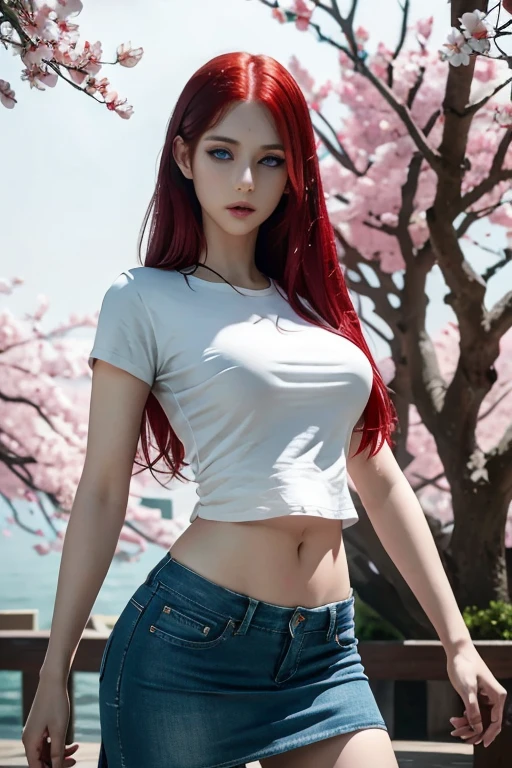 Ultra realistic, red-haired girl, seductive leaning forward detailed skin, pale-white (highlighted) skin, ultra realistic, 16k, high quality, picture-perfect, flawless, clean, masterpiece, professional artwork, detailed artwork, cinematic lighting, cinematic bloom, realistic shading, (long red hair)),(1girl,  beautiful korean girl),perfect face, (young:1.1),((fit figure)),((25 year old)), beautiful face, beautiful turquoise-blue eyes (cute eyes look), detail eyes, detail face, (((perfect female body, narrow waist))),(large breasts:1.3)lora:GoodHands-beta2:1>, , ((girl standing)),upper body, white shirt and jeans skirt clothing (realistic texture), blade to side, strike pose,blade down,blade right hand,, cherry blossoms,, blurred background  (masterpiece, best quality, high quality, highres, ultra-detailed), different poses at different angles. 