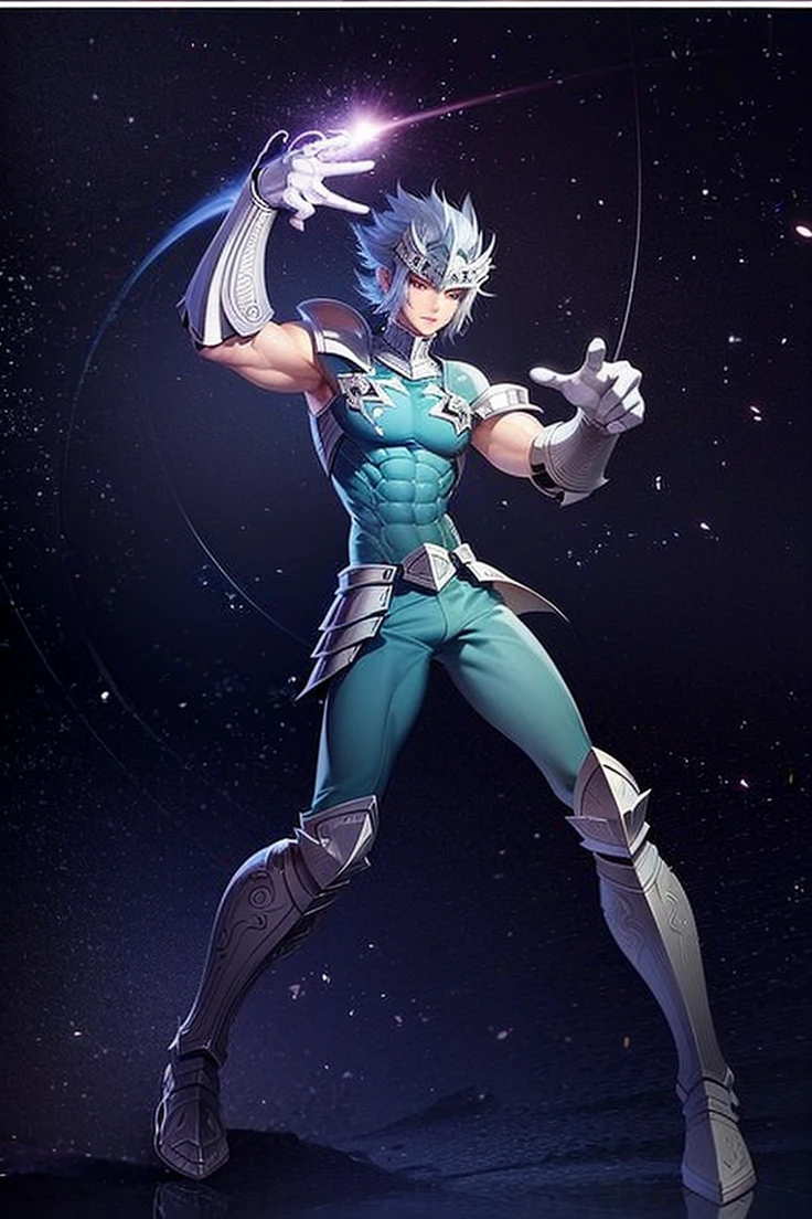 Personagem masculino, loiro, wearing CDZ Knights of the Zodiac style Hydra armor, a armudura é roxa, protege o tronco, knight's legs and arms, the armor is in the style of knights of the zodiac CDZ
