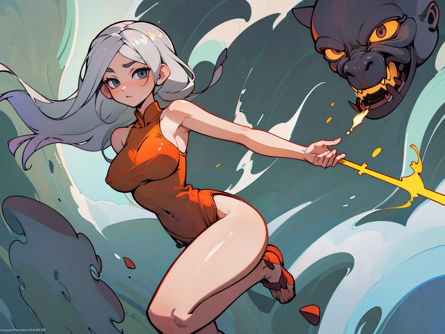 ((8k: 1.27), (maximum quality, art, super high resolution: 1.2), (4K illustration quality), Perfect Female Body, Long gray hair, Blind, Sexy monk clothes, showing legs, showing shoulders, sexy pose, monk temple, proiminent nipples, medium breasts