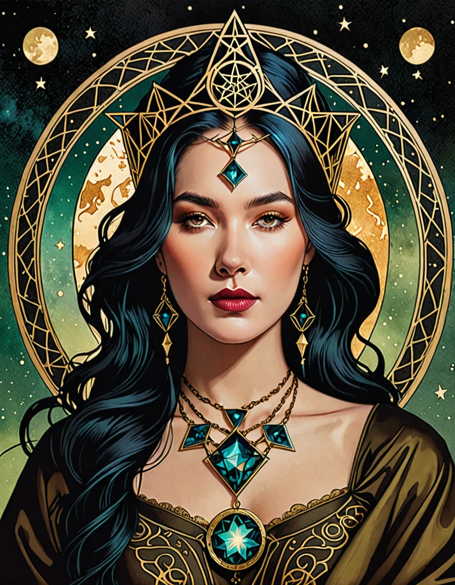 tarot card, chiaroscuro technique on sensual illustration of an queen of pentacle, vintage queen, earthy eerie, matte painting, by Hannah Dale, by Harumi Hironaka, extremely soft colors, hint of gold vibrant, highly detailed, digital artwork, high contrast, dramatic, refined, tonal, highest quality,anatomy correct,ultra-wide-angle,depth of fields. Holding the pentacles, earthy tone theme. Burnt sieana