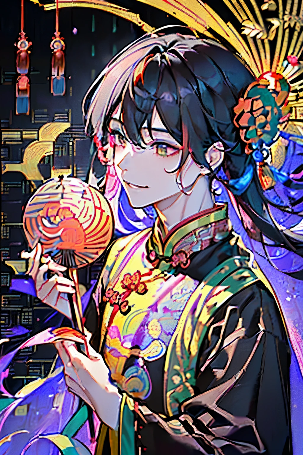 ((Adult male:1.2)),(Black Hair:1.3),(Long Hair:1.3),(Chinese style single layer costume:1.45),((Angle from directly below:1.2)),(Taking a strong step forward:1.3),(Chinese hawthorn candy:1.3),(Background of festival stalls lined up:1.5),((Festival Masks:1.2)),(A big happy smile:1.25),((Pink, yellow, red, light blue, yellow-green, purple, and many other colors.:1.25)),